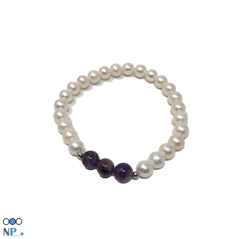 Bracelet de perles blanches authentiques et 3 pierres semi precieuses Amethyste plus 2 billes Or blanc